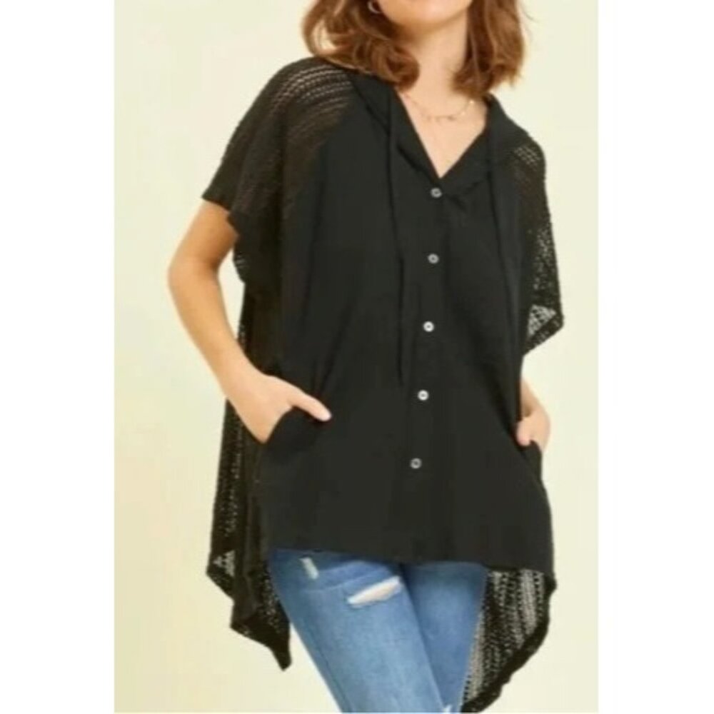 Free People We The Free Mesh Button Up Hoodie Distressed Top SS Sz S Black NWT